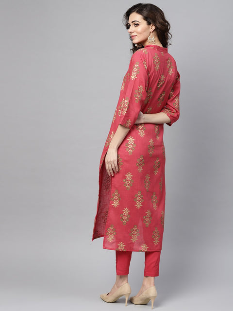 Pink Gold printed Straight Kurta Set & Pants Embellished with Gotta