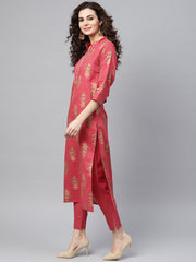 Pink Gold printed Straight Kurta Set & Pants Embellished with Gotta