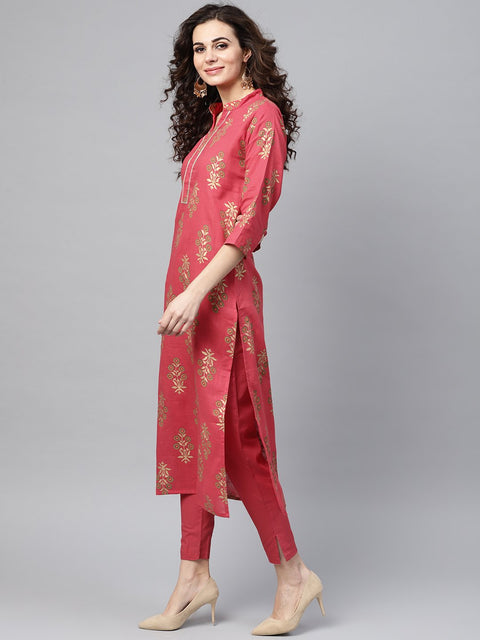 Pink Gold printed Straight Kurta Set & Pants Embellished with Gotta