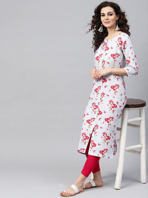 Powder Blue Floral Printed Kurta with Front Placket & Multiple Slits
