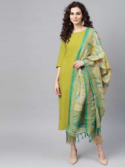 Solid Green Kurta Set with Beige Pant & Bhagalpuri printed Dupatta