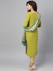 Solid Green Kurta Set with Beige Pant & Bhagalpuri printed Dupatta
