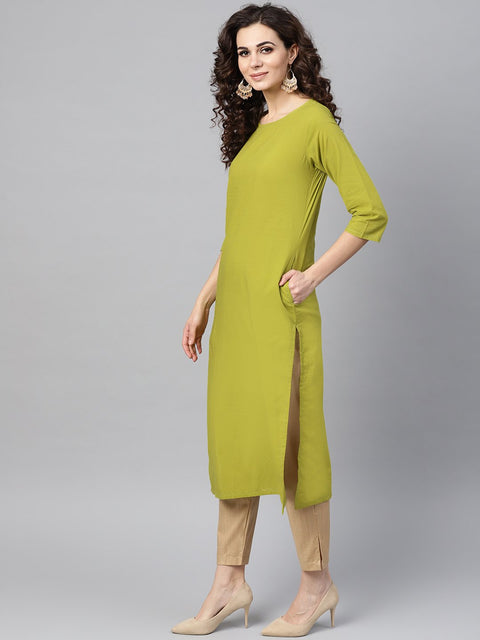 Solid Green Kurta Set with Beige Pant & Bhagalpuri printed Dupatta
