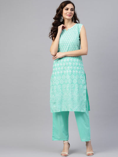 Sky Blue sleeveless Printed Kurta Set with Solid Pants