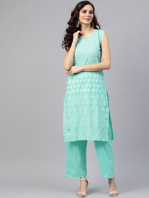 Sky Blue sleeveless Printed Kurta Set with Solid Pants