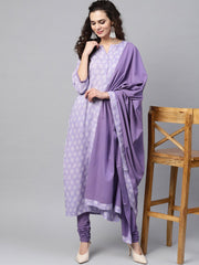 Purple & White Printed Staright Kurta Set with Solid Churidar & Mull Dupatta