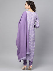 Purple & White Printed Staright Kurta Set with Solid Churidar & Mull Dupatta