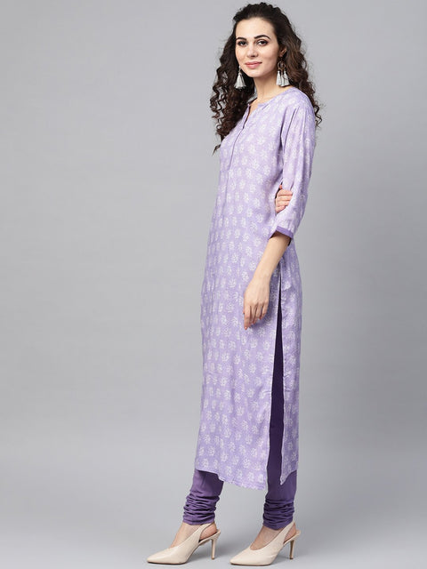 Purple & White Printed Staright Kurta Set with Solid Churidar & Mull Dupatta