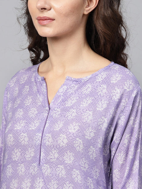 Purple & White Printed Staright Kurta Set with Solid Churidar & Mull Dupatta