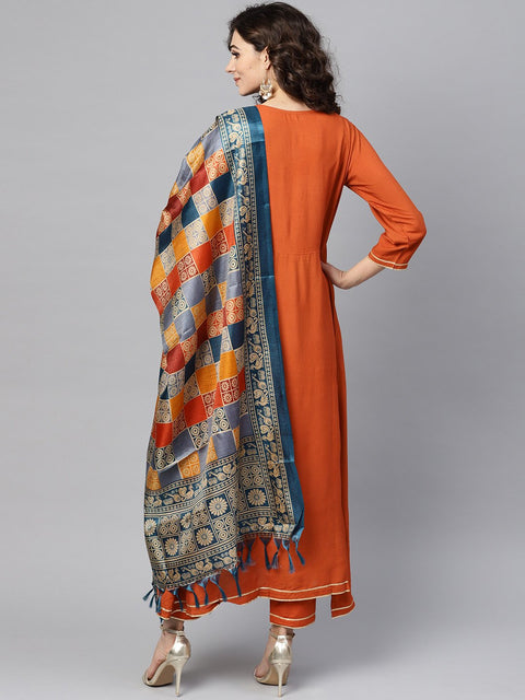 Rust Orange A-line Kurta Set With Pants & Bhagalpuri printed Dupatta