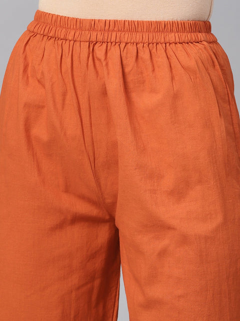 Rust Orange A-line Kurta Set With Pants & Bhagalpuri printed Dupatta