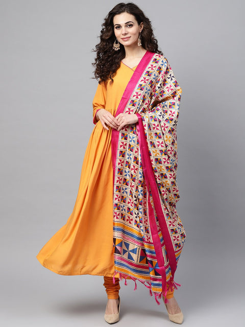 Solid Mustard Angrakha Kurta Set with Churidar & Multi Colored Dupatta