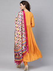 Solid Mustard Angrakha Kurta Set with Churidar & Multi Colored Dupatta