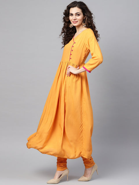 Solid Mustard Angrakha Kurta Set with Churidar & Multi Colored Dupatta