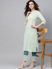 Pastel Green Straight Kurta Set with Solid teal Green Pants & Dobby Printed Detailing