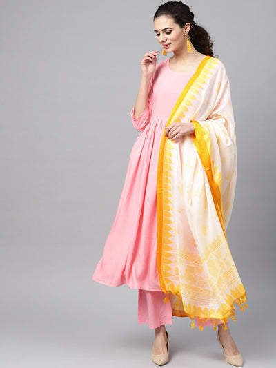 Solid Pink Anarkali Kurta with Palazzo & Bhagalpuri Dupatta
