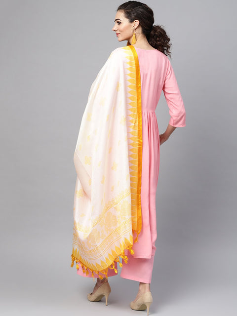 Solid Pink Anarkali Kurta with Palazzo & Bhagalpuri Dupatta