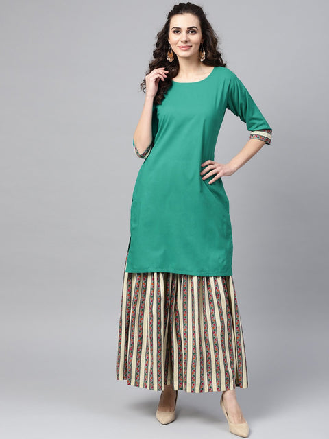 Solid Green Kurta Set with geometric Printed Sharara