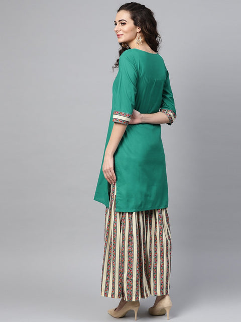 Solid Green Kurta Set with geometric Printed Sharara