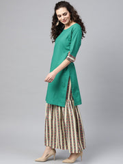 Solid Green Kurta Set with geometric Printed Sharara