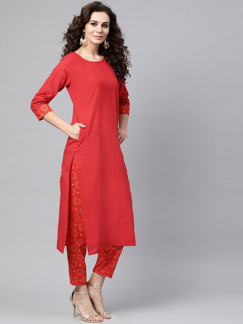 Solid Red Kurta Set with Gold Printed Pants with multi Colored Bhagalpuri Dupatta