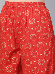 Solid Red Kurta Set with Gold Printed Pants with multi Colored Bhagalpuri Dupatta