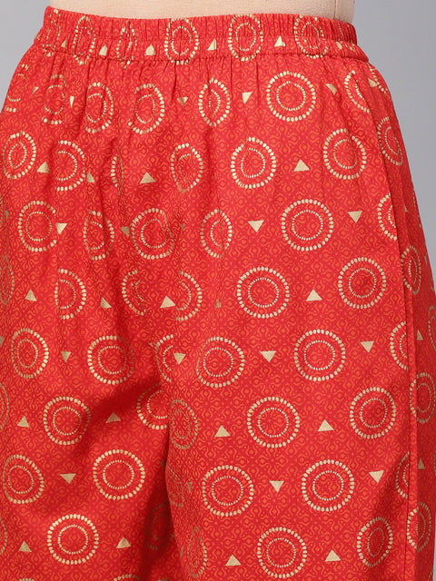 Solid Red Kurta Set with Gold Printed Pants with multi Colored Bhagalpuri Dupatta