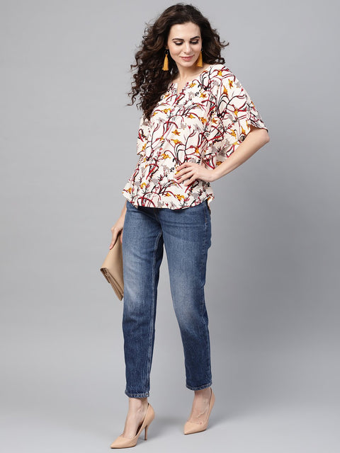 Cream Multi colored kaftan top with round neck and v-slit