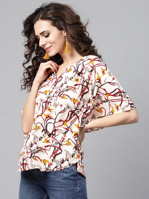 Cream Multi colored kaftan top with round neck and v-slit