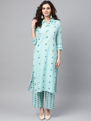 Sea green printed 3/4th sleeve cotton kurta with printed palazzo