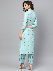Sea green printed 3/4th sleeve cotton kurta with printed palazzo