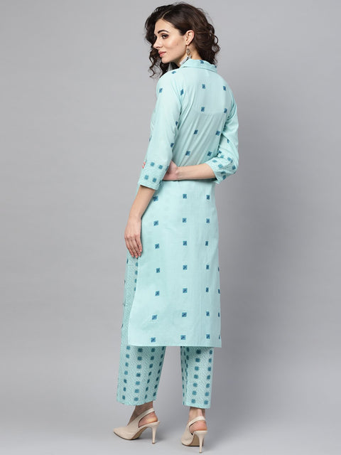 Sea green printed 3/4th sleeve cotton kurta with printed palazzo