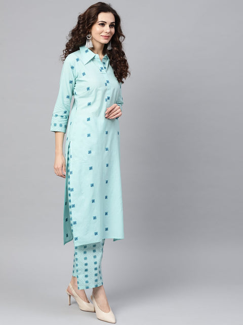 Sea green printed 3/4th sleeve cotton kurta with printed palazzo