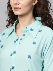 Sea green printed 3/4th sleeve cotton kurta with printed palazzo