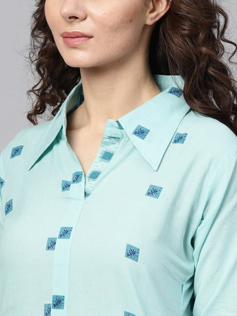 Sea green printed 3/4th sleeve cotton kurta with printed palazzo