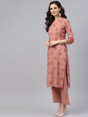 Beige printed 3/4th sleeve cotton kurta set with striped printed dupatta