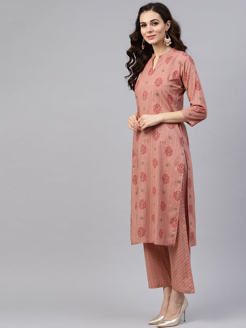 Beige printed 3/4th sleeve cotton kurta set with striped printed dupatta