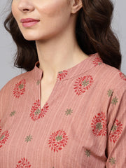 Beige printed 3/4th sleeve cotton kurta set with striped printed dupatta