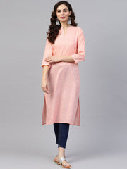 Peach 3/4th sleeve cotton mandarin collor kurta