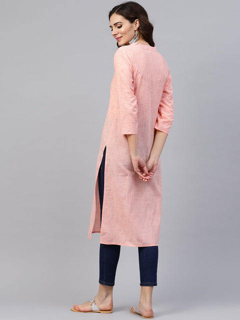Peach 3/4th sleeve cotton mandarin collor kurta