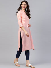 Peach 3/4th sleeve cotton mandarin collor kurta