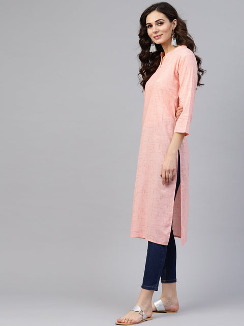 Peach 3/4th sleeve cotton mandarin collor kurta