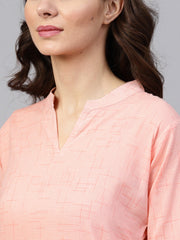 Peach 3/4th sleeve cotton mandarin collor kurta