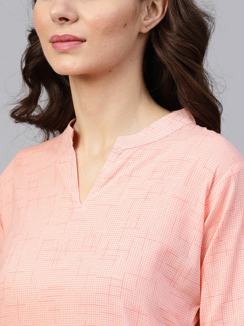Peach 3/4th sleeve cotton mandarin collor kurta