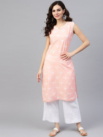 Peach sleeveless cotton printed kurta