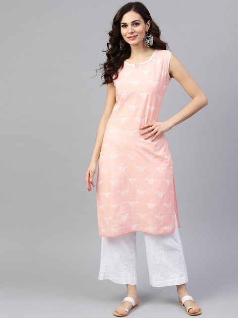 Peach sleeveless cotton printed kurta
