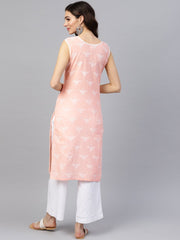 Peach sleeveless cotton printed kurta