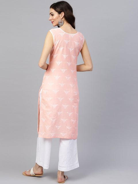 Peach sleeveless cotton printed kurta