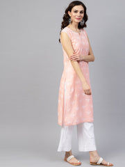 Peach sleeveless cotton printed kurta