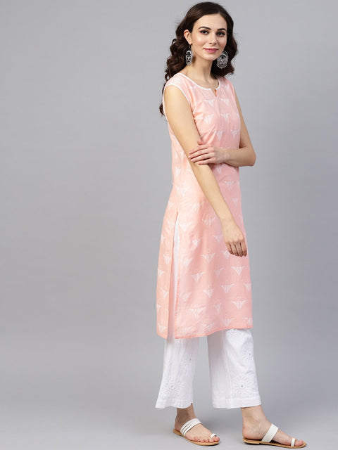 Peach sleeveless cotton printed kurta